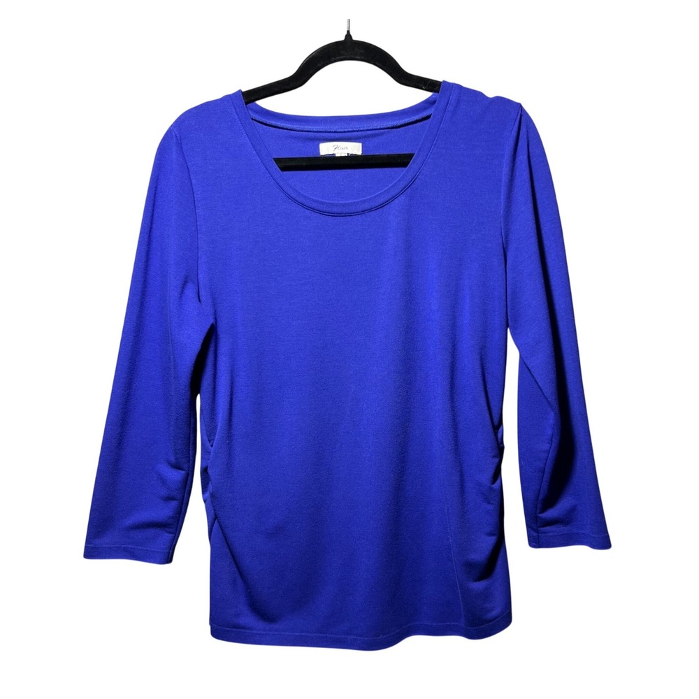 Flair Royal Blue Scoop Neck Ruched Side 3/4 Sleeve Stretch Top Large